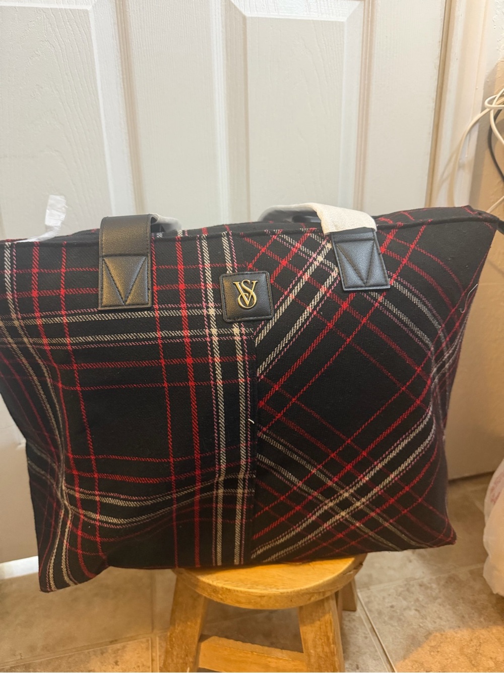 Victoria's Secret Black Plaid Duffel with Red and White Accents
